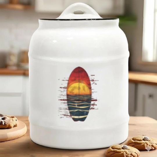 Sunset Surfboard with Ocean View Ceramic Cookie Jars