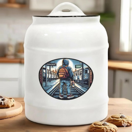 AI Teen in Outdoor Subway Yard - Circle Border Ceramic Cookie Jars