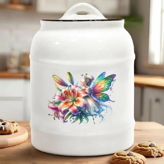 Tiger Lily Fairy Floral Fantasy Watercolor Ceramic Cookie Jars