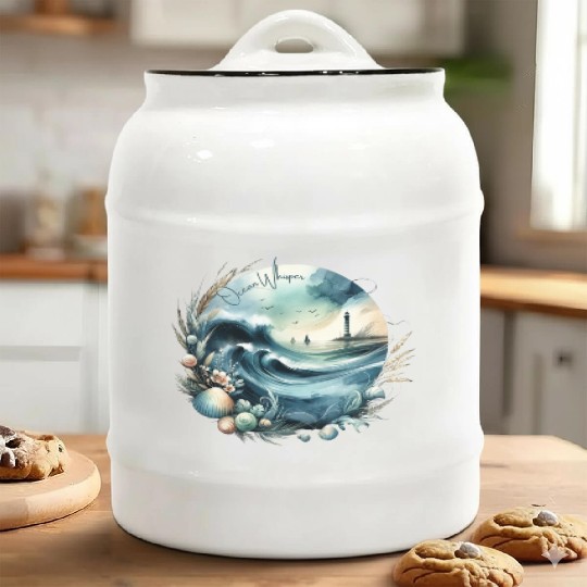 Ocean Whisper: Serene Seascape Art Ceramic Cookie Jars