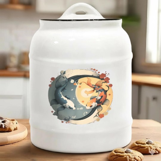 Japanese Koi Fish Yin Yang Ceramic Cookie Jars