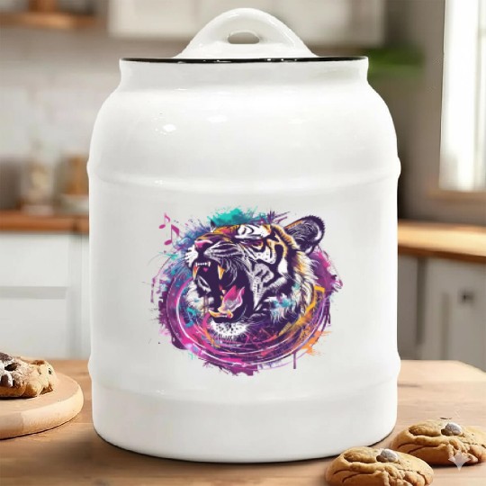 A fierce tiger roaring with musical notes emanatin Ceramic Cookie Jars