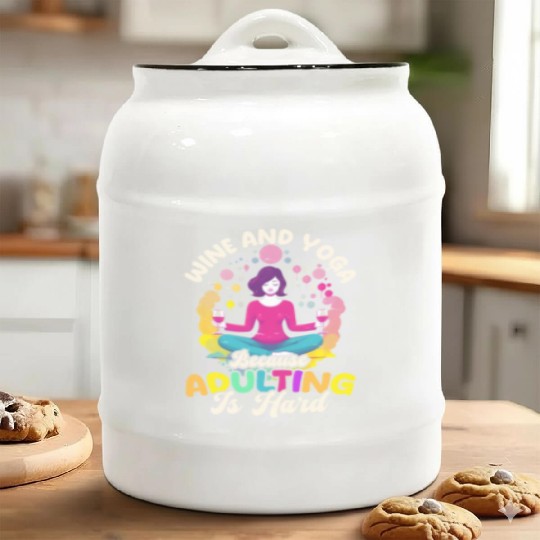 Funny Yoga Lover Wine And Yoga Because Adulting Is Ceramic Cookie Jars