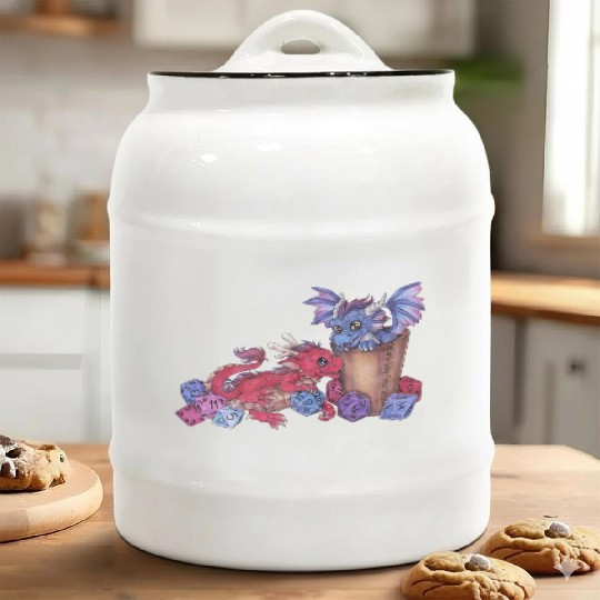 Cute dragon chibi with dice D20 pen and paper Ceramic Cookie Jars