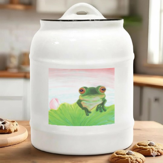 Green Frog Relaxing in the Pond Ceramic Cookie Jars