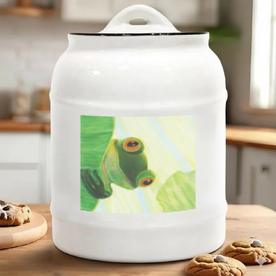 Cute Green Frog Peeping out From Behind Lily Pad Ceramic Cookie Jars