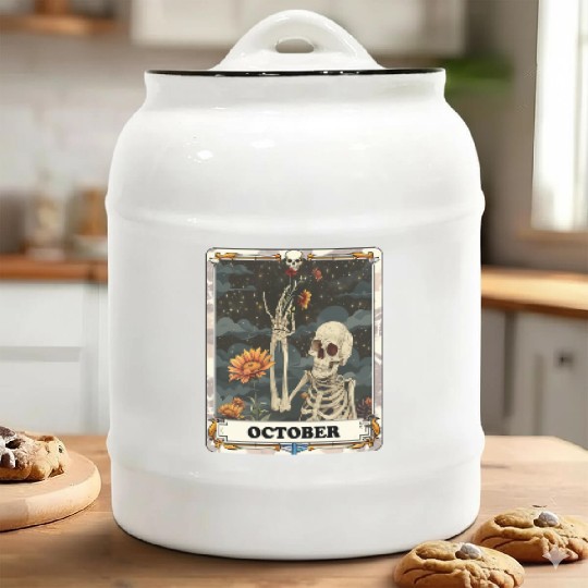 October Gothic Tarot Card - Marigold Flower & Skel Ceramic Cookie Jars