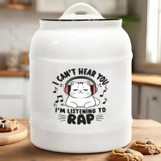 Cute Cat I Can't Hear You I'm Listening To Rap Ceramic Cookie Jars