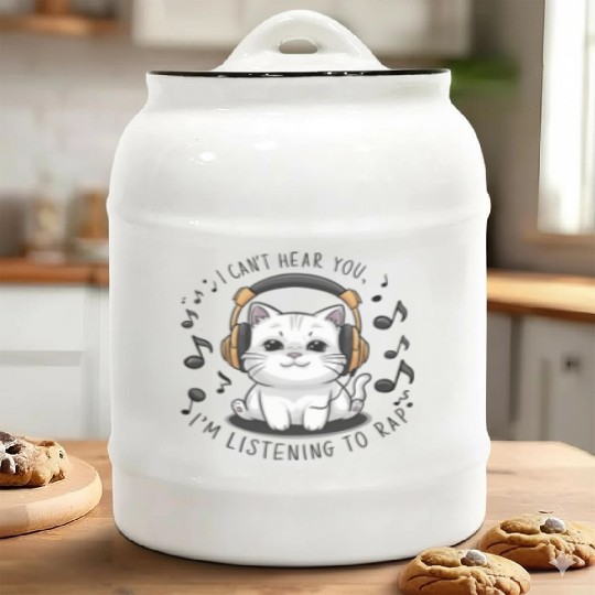 Cute Cat I Can't Hear You I'm Listening To Rap Ceramic Cookie Jars
