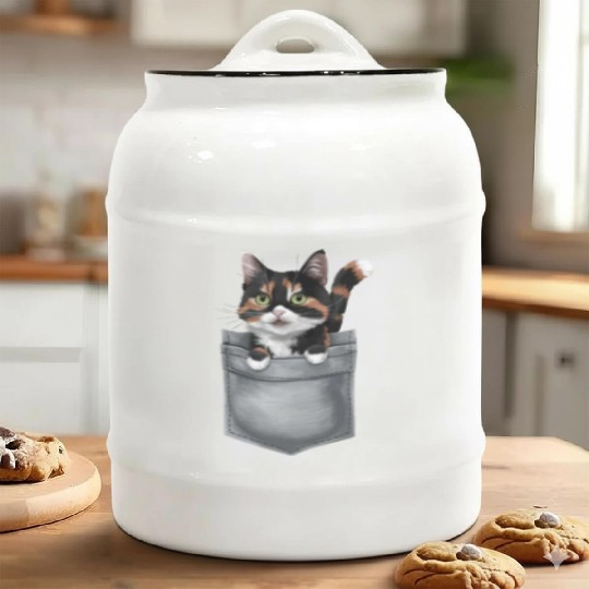 Japanese Bobtail Cat In Pocket Ceramic Cookie Jars