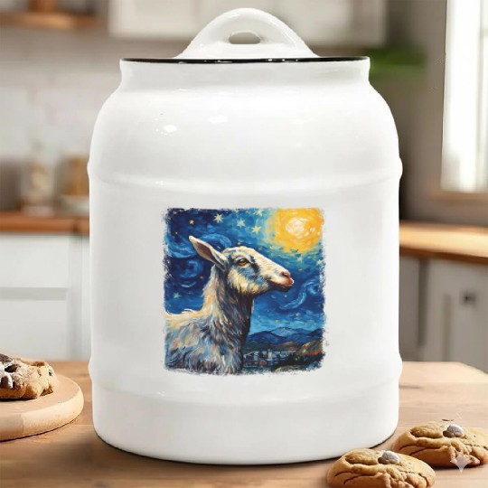 Goat Farm Animal Farmer Starry Night Painting Ceramic Cookie Jars