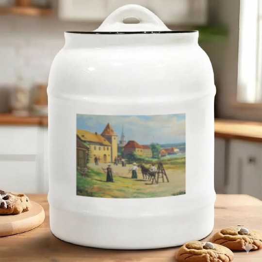 town painting oil panel art Ceramic Cookie Jars