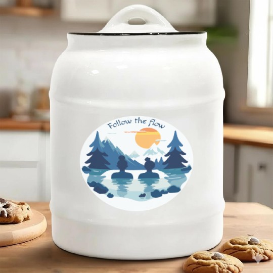 Two women take an ice bath in nature Ceramic Cookie Jars