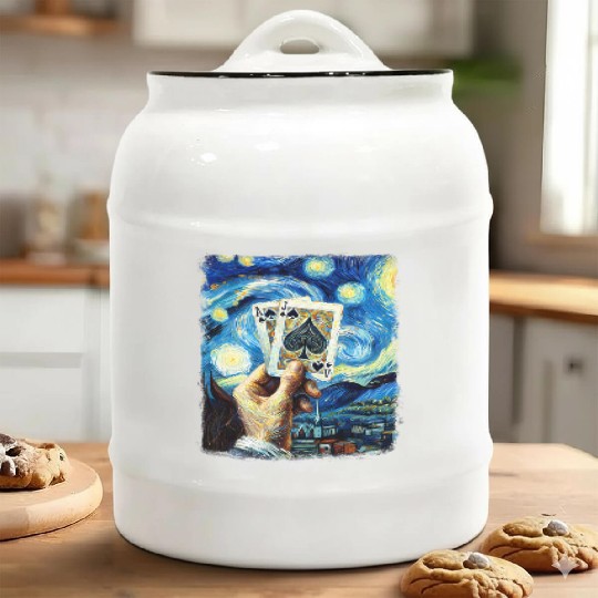 Blackjack Gambling Cards Starry Night Painting Ceramic Cookie Jars