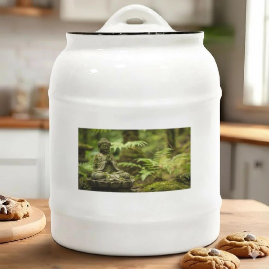 Zen Buddha Statue in Serene Forest Setting Ceramic Cookie Jars