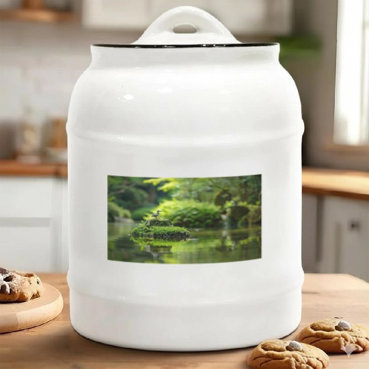 Serene Pond with Bird on Mossy Rock Ceramic Cookie Jars