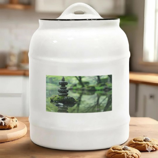 Zen Stone Stack Reflected in Tranquil Pond Ceramic Cookie Jars