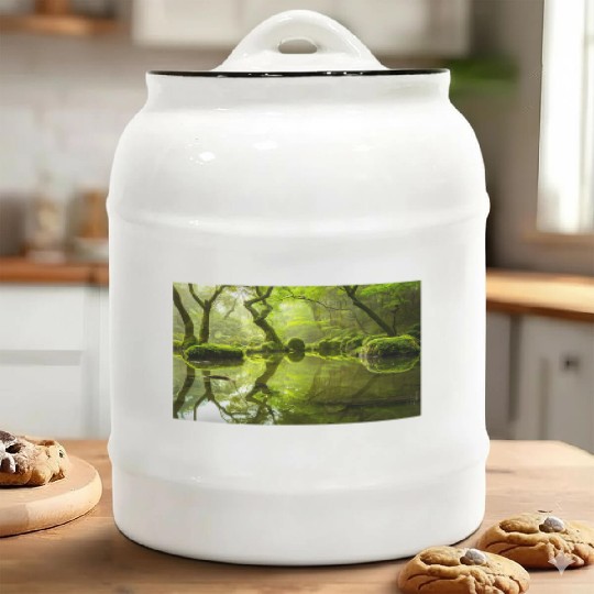 Enchanted Forest Reflections in Tranquil Pond Ceramic Cookie Jars