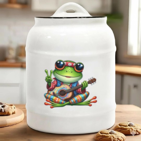 Cute Guitar Frog Ceramic Cookie Jars