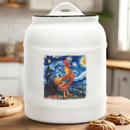 Chicken Farm Farmer Farming Starry Night Painting Ceramic Cookie Jars