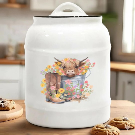 Highland Cow flowers Christmas Ceramic Cookie Jars