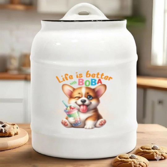 Corgi with BOBA tea Milk TEA Bubble tea Ceramic Cookie Jars