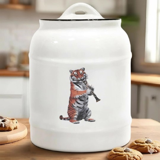 Tiger Playing Clarinet Realistic Ceramic Cookie Jars