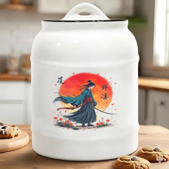 Samurai Warrior Embraces Spirits Ceramic Cookie Jars