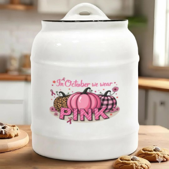 Pumpkins In October We Wear Pink Breast Cancer Ceramic Cookie Jars