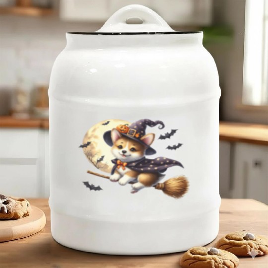 Corgi Witch Flying on Broom Halloween Moon Bats Pr Ceramic Cookie Jars