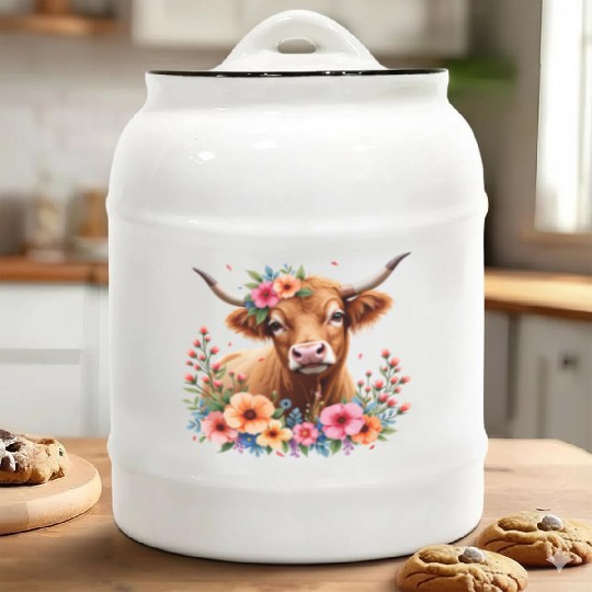 Cute Scottish Highland Cow Floral Ceramic Cookie Jars