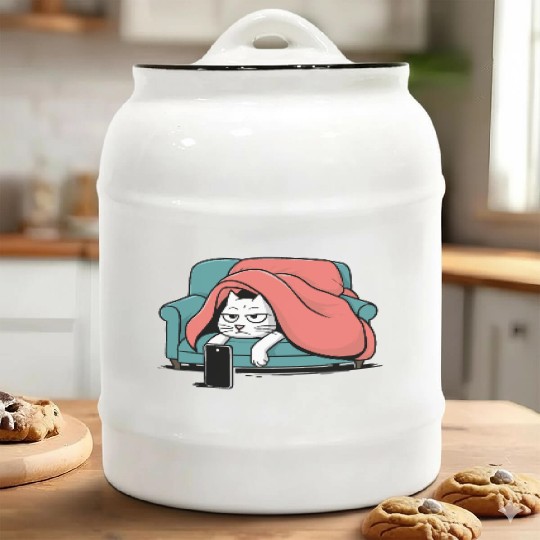 Bored Cat on Couch With Smart Phone Ceramic Cookie Jars