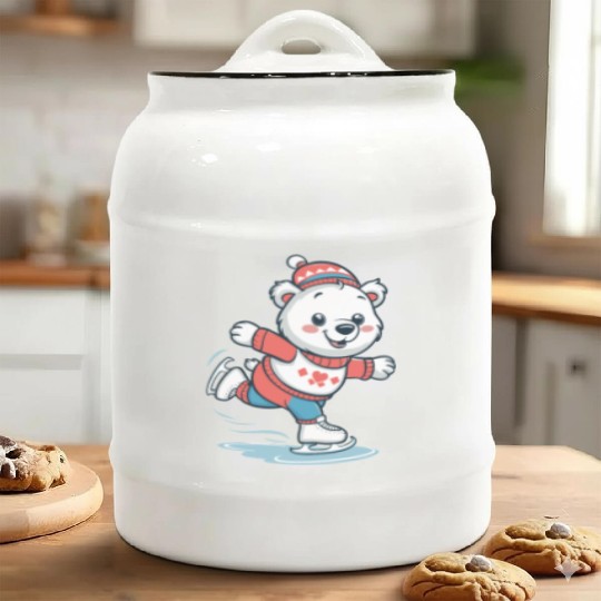 Cute Ice Skating polar bear in Cozy Winter Outfit Ceramic Cookie Jars