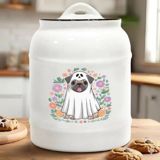 Halloween Pug Ghost Surrounded by Flowers Ceramic Cookie Jars