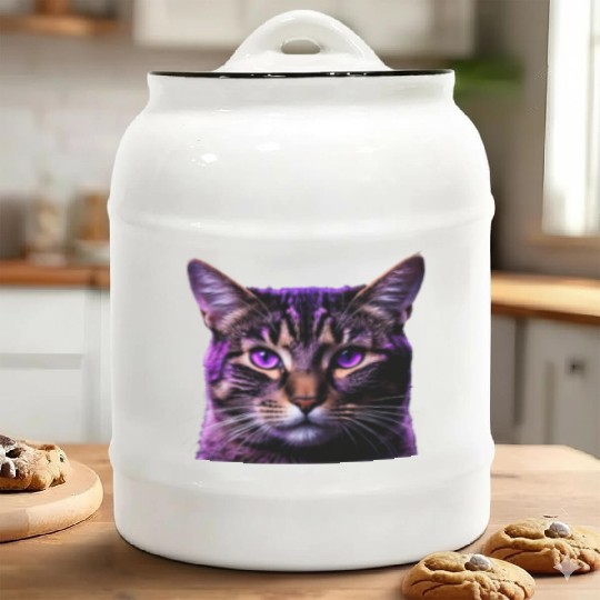 Vivid Lilac-Eyed Tabby Cat Portrait Ceramic Cookie Jars