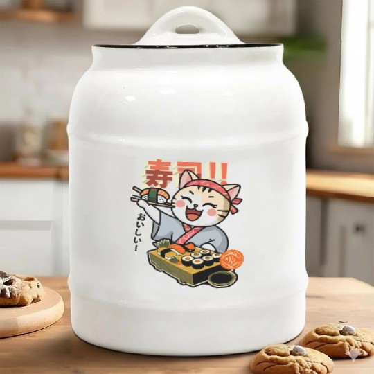 Sushi Chef Cat Adorable Culinary Cat Design Ceramic Cookie Jars