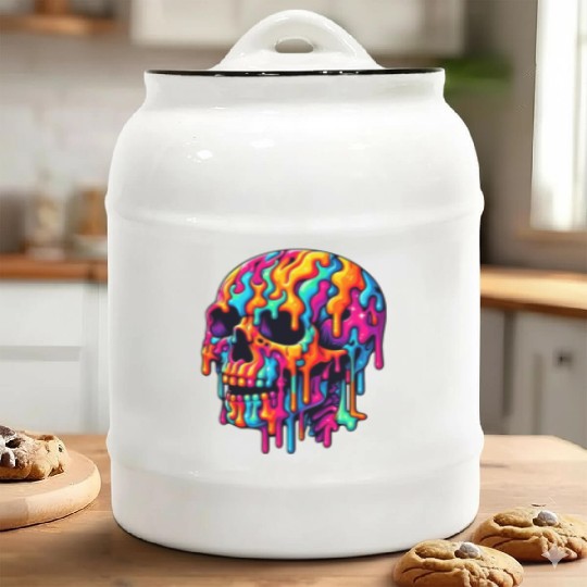 Vibrant Psychedelic Skull Ceramic Cookie Jars