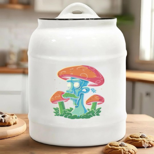 Mushroom Moustache Man – Trippy Fungi Art Ceramic Cookie Jars