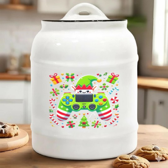 Christmas Elf Themed Gaming Controller Fun Ceramic Cookie Jars