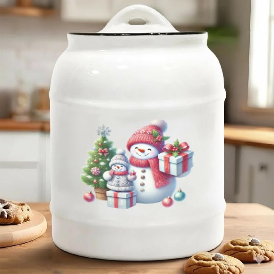 Snowman Family Christmas Joy with Gifts and Tree Ceramic Cookie Jars