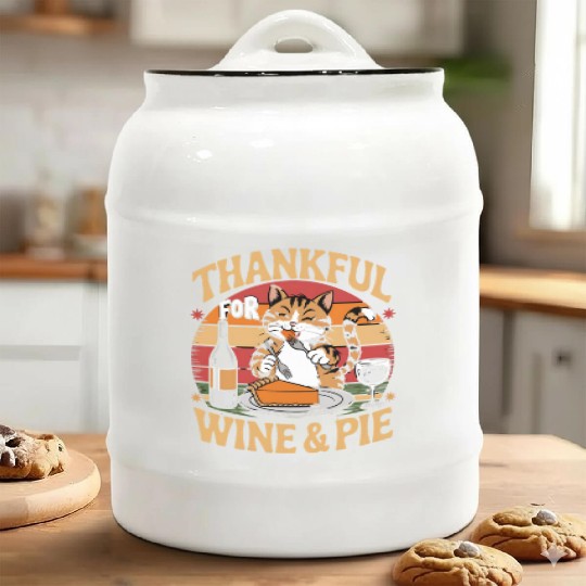 Happy Cat Feasting on Wine and Pie - Thanksgiving Ceramic Cookie Jars