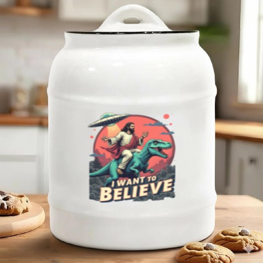 Jesus Riding a Dinosaur with UFO - I Want to Belie Ceramic Cookie Jars