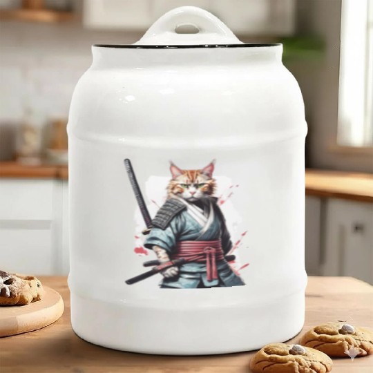Fearless Samurai Cat Ceramic Cookie Jars