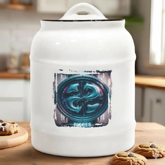 Zodiac sign Pisces in cyberpunk era Future Ceramic Cookie Jars