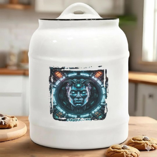 Zodiac sign Aquarius in cyberpunk era Future Ceramic Cookie Jars