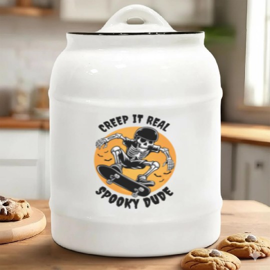 Funny Halloween Design Skeleton Skateboarder Ceramic Cookie Jars