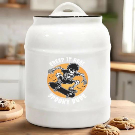 Funny Halloween Design Skeleton Skateboarder Ceramic Cookie Jars