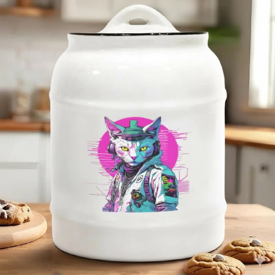 Neon Cyberpunk Warrior Cat Ceramic Cookie Jars