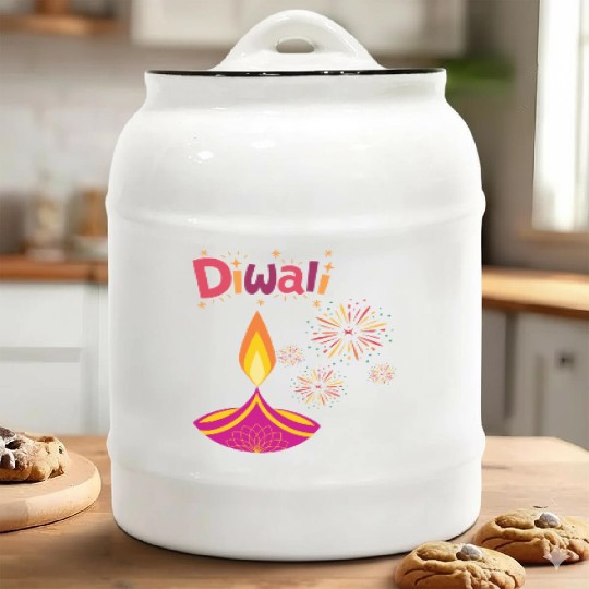 Diwali Design with Lamp & Festive Fireworks Ceramic Cookie Jars