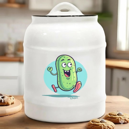 A Happy Running Pickle Ceramic Cookie Jars